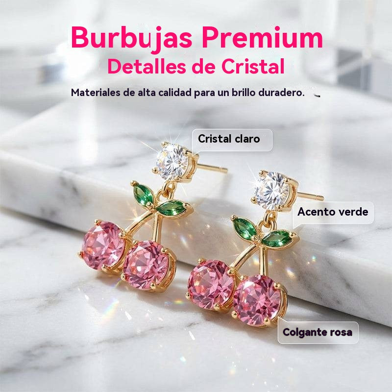 🍒 Conjunto de pendientes y collar con colgante de cristal de cereza rosa