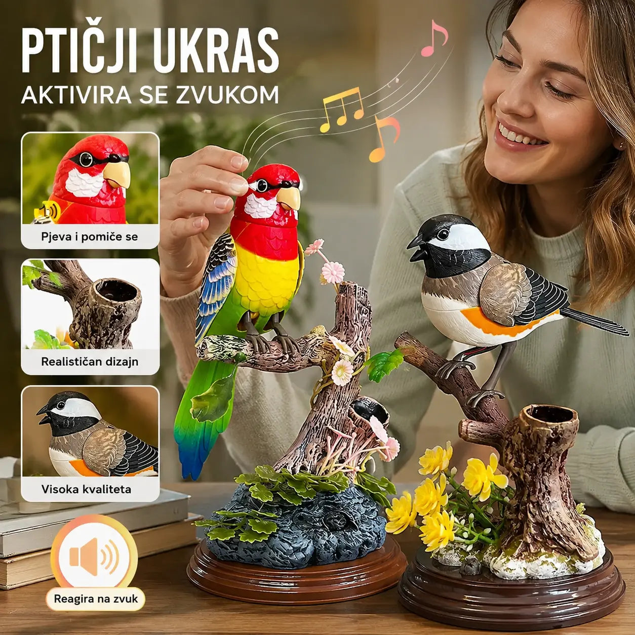 Simulacija s glasovnim upravljanjem, kreativni slatki ukrasi za ptice s glasovnim upravljanjem, ukrasni ukrasi za sobni stol