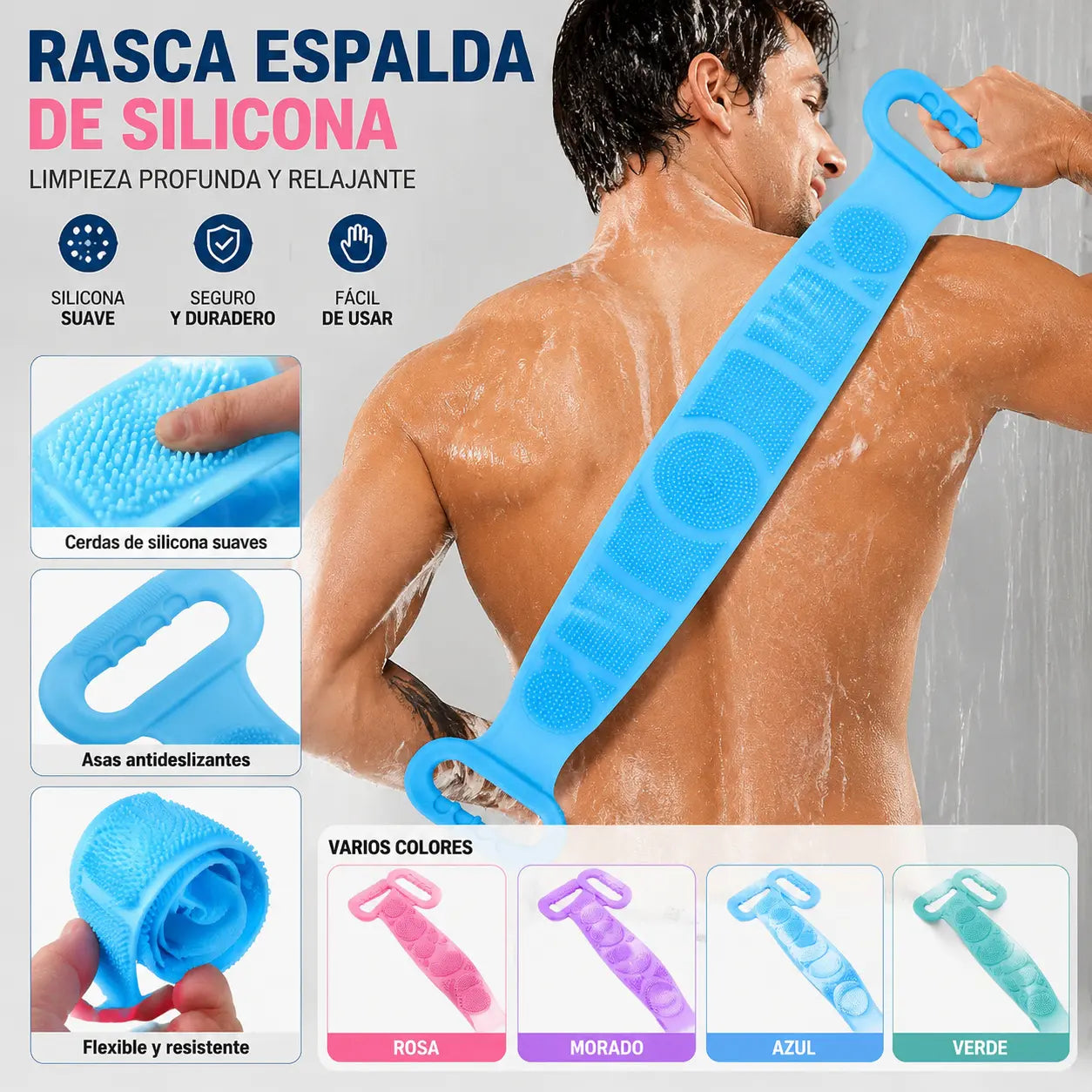 【4 pieza 】Estropajo de baño unisex con mango extendido. Cepillo de baño de silicona para limpieza profunda, masaje y exfoliación.