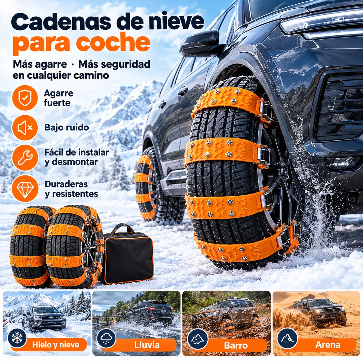 🔥🚗【Paquete de 4, Herramientas de instalación incluidas】🔥 Cadenas de nieve, Cadenas de nieve de emergencia universales para neumáticos de automóvil