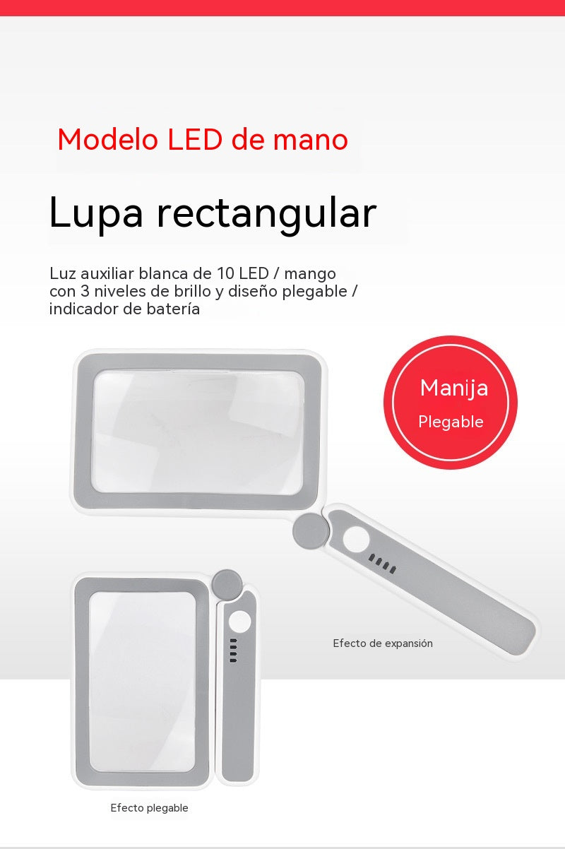 💡Lupa cuadrada plegable de mano con 10 luces LED, interruptor táctil recargable y selector de tres posiciones para lectura y apreciación.