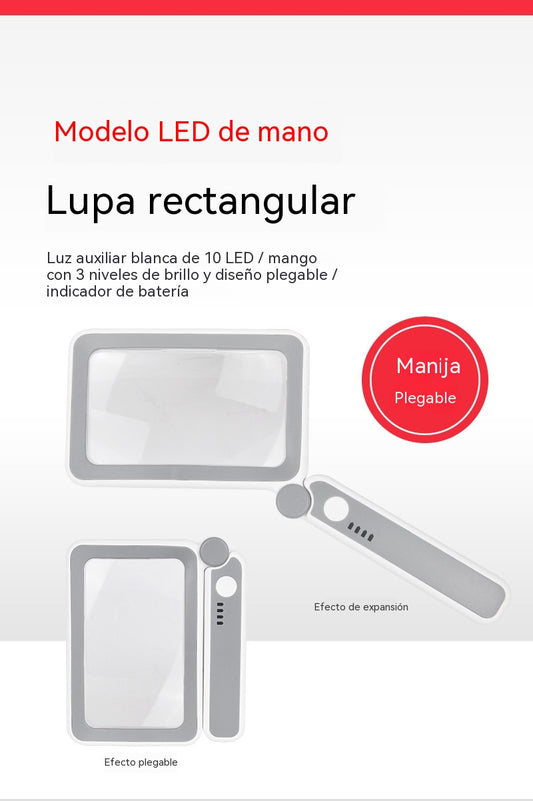 💡Lupa cuadrada plegable de mano con 10 luces LED, interruptor táctil recargable y selector de tres posiciones para lectura y apreciación.
