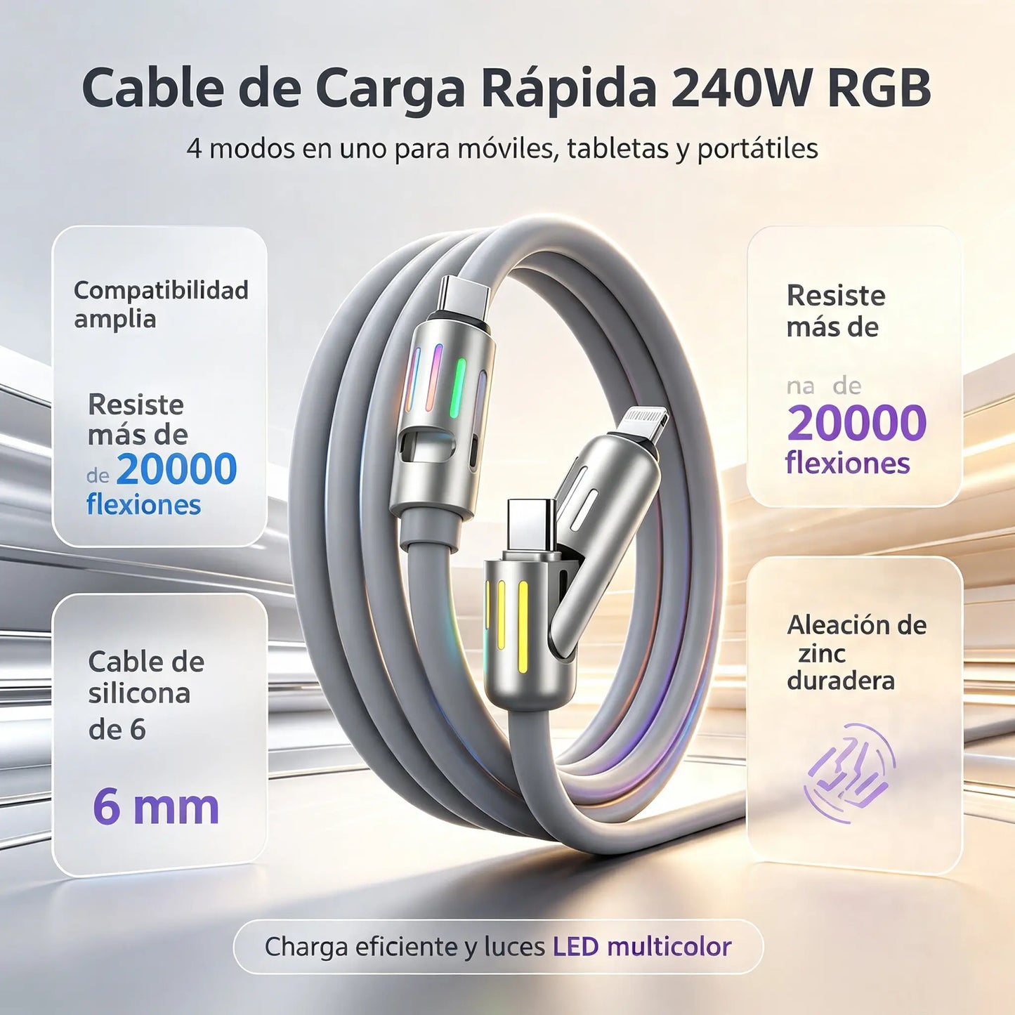 🔥 【2 unidades por 26 euros】 🔥 (2 metros de largo) Cable 4 en 1 PD 240 W – Carga rápida USB‑C, Lightning y USB‑A, aluminio y silicona, sincronización de datos ⚡📱