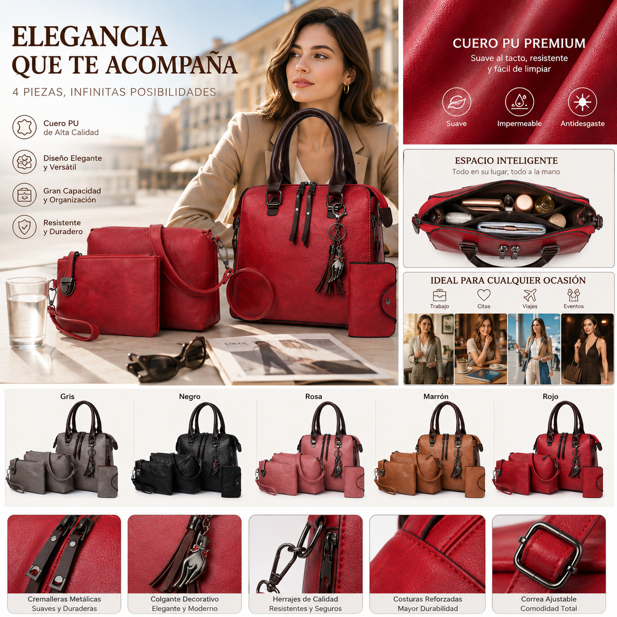 👜Set de 4 bolsos de mano de piel sintética para mujer