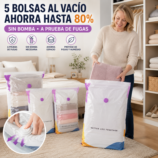 🧳【Juego de 5 piezas】💨 Bolsa de almacenamiento al vacío grande y compresible: no requiere bomba, es a prueba de fugas e ideal para ahorrar espacio en maletas y en casa ✈️