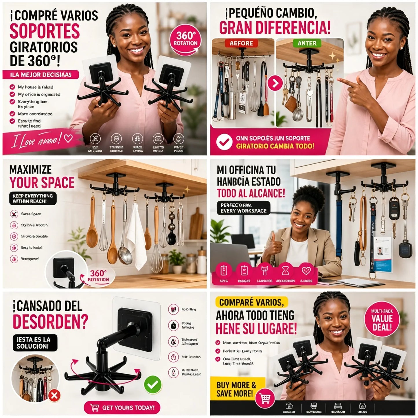 🔥【5 negras + 5 blancas】10 por solo 26 euros🏢🚪Estante de almacenamiento de pared con gancho giratorio para cocina (no requiere taladrar)
