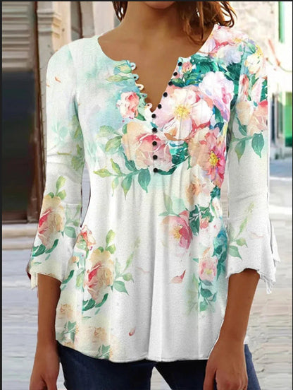 🎉🎁【S-5XL】 2026 nueva camiseta estampada delgada con cuello en V para mujer