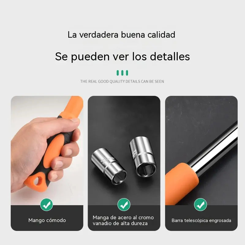 【llave inglesa + dado】Llave telescópica para neumáticos, rango telescópico de 35 a 53 cm, cabeza hexagonal, herramienta profesional para la reparación de automóviles.