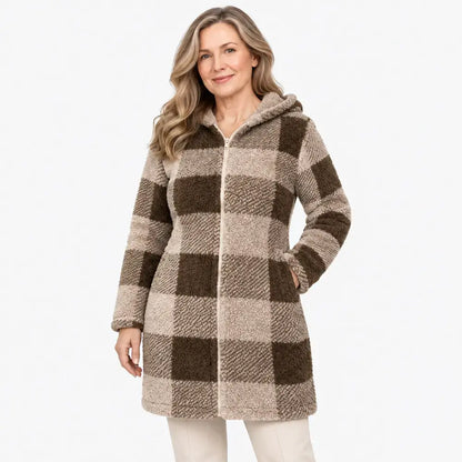 ✨【S-3XL】Ženska dolga, obojestranska jopa/plašč na zadrgo – umetno krzno in karirast vzorec (jesen/zima)