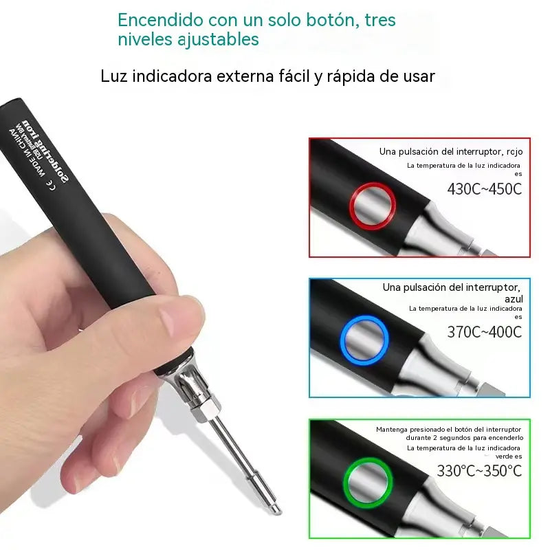 Soldador USB inalámbrico con pantalla digital, temperatura ajustable, calentamiento rápido e indicador de encendido; una herramienta electrónica para reparaciones.