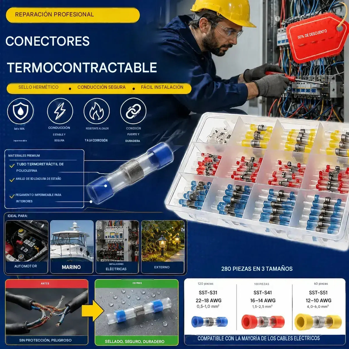 【Paquete de 100 unidades】 25 € 🔥 Kit multifuncional de reparación de cables: combinación de terminales termorretráctiles y herramienta de soldadura