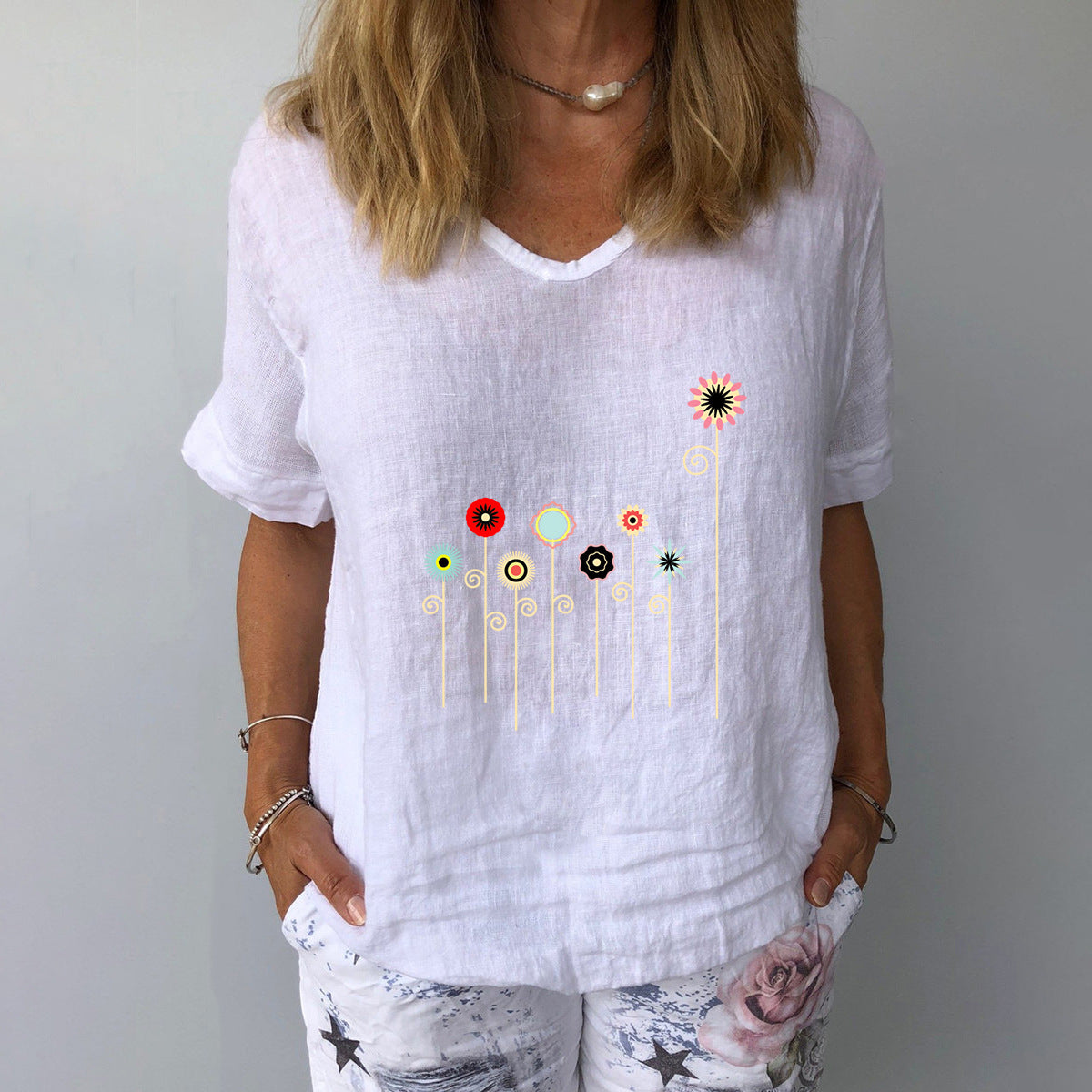 【50% DE DESCUENTO】【Tallas S-5XL】Camiseta de manga corta de algodón y lino con estampado floral
