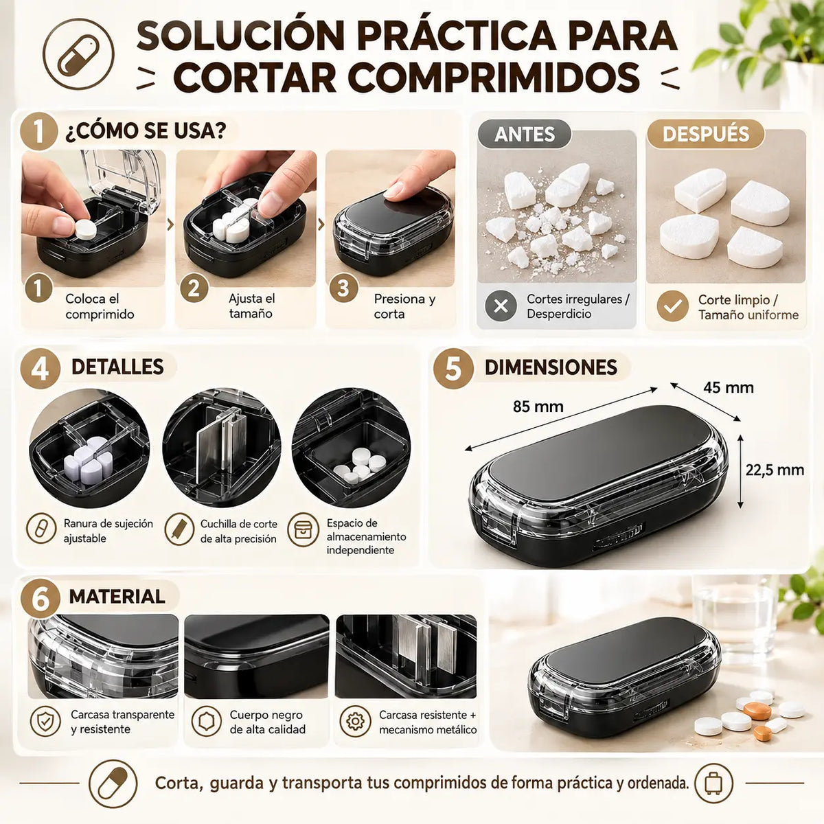 ✂️ Cortador de Pastillas Multifuncional – Divide en 2, 3 o 4 Partes, Caja Almacenadora Portátil 💊