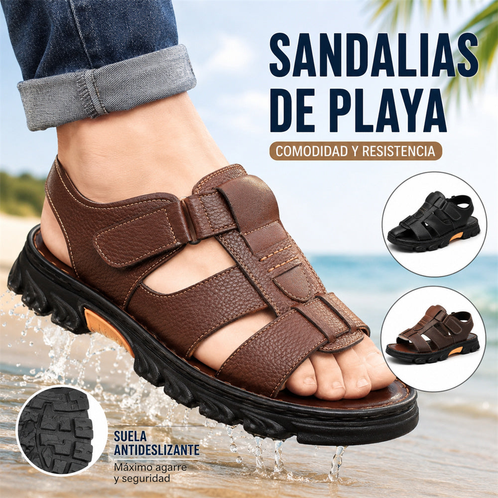🔥👟 (50%OFF)【Tamaño 38 ~ 44】 Sandalias de playa antideslizantes de cuero suave hechas a mano para hombres