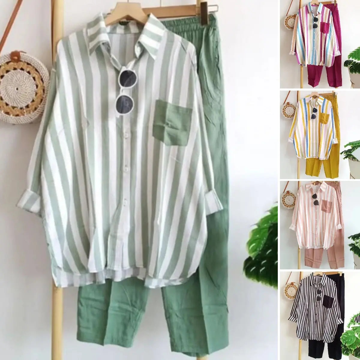 【S-5XL】Nueva conjunto de primavera a rayas, conjunto de dos piezas con mangas largas y pantalones.【Pantalones + Camisa】