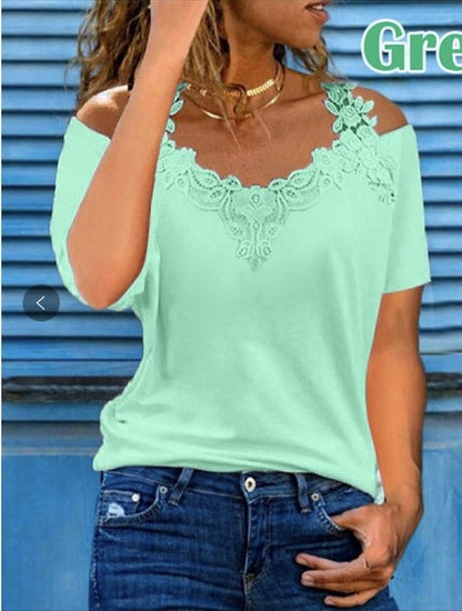 💖🌈【S-5XL】Nueva camiseta de manga corta con cuello en V y encaje de algodón puro 2026