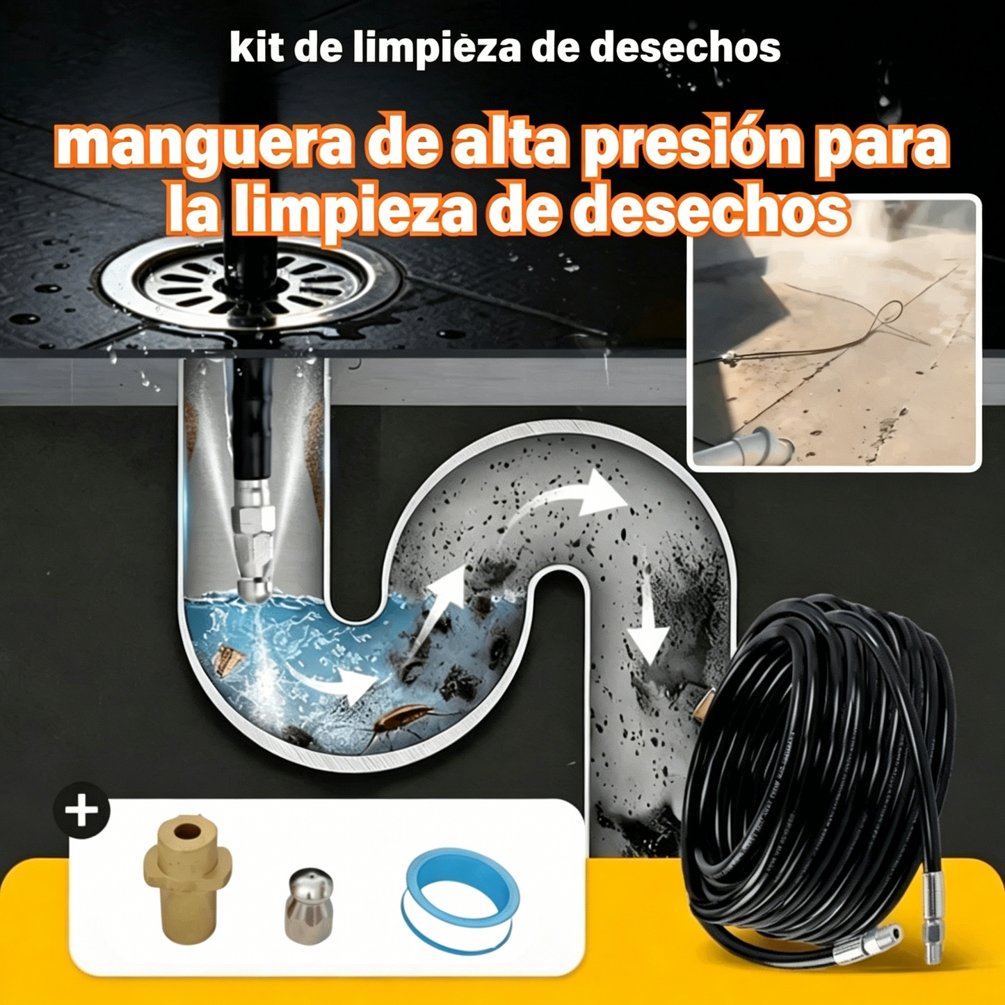 🔗【10 metros】Boquilla de limpieza de alta presión que se puede conectar a una máquina de lavado de autos 🚰Desatascador, enjuague y limpieza de alta presión