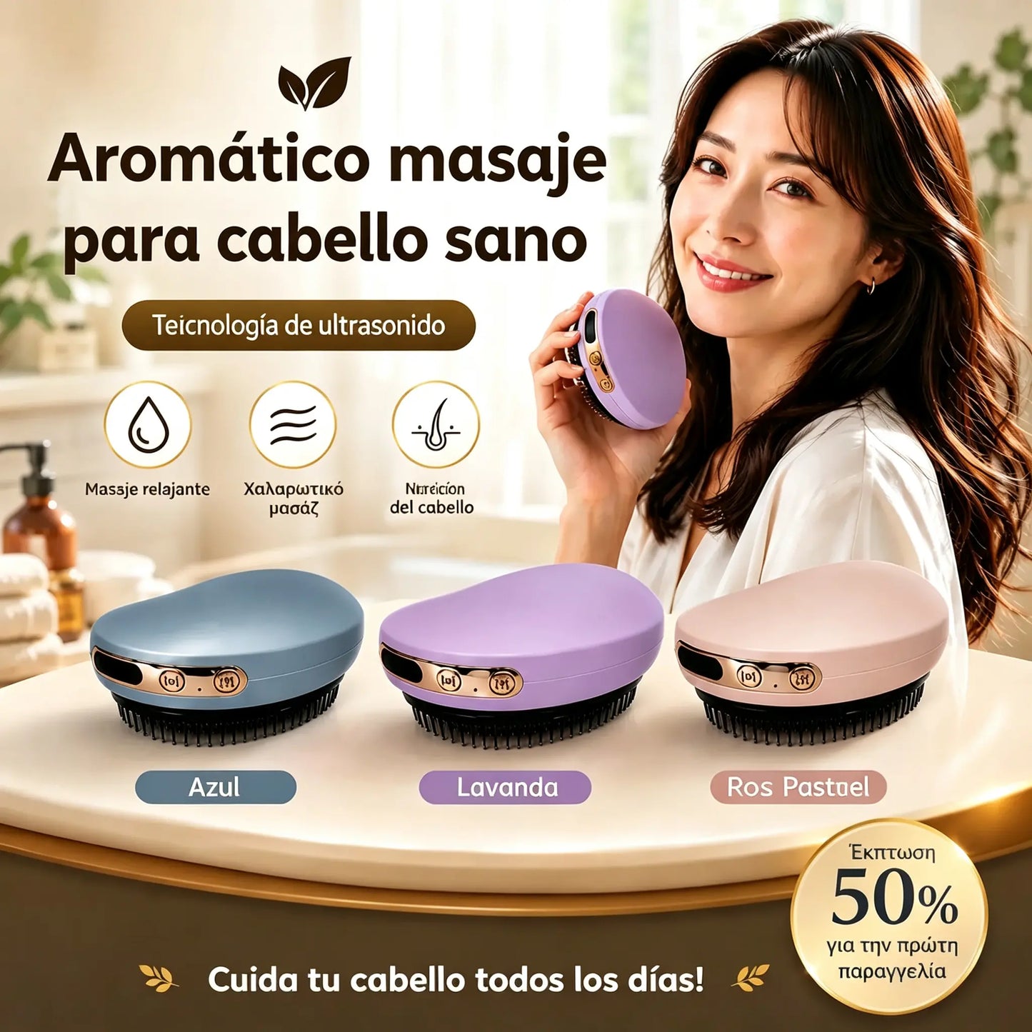 ¡Un cepillo para el cabello equipado con tecnología de última generación! Combina en un solo producto "estimulación del crecimiento del cabello con luz roja, acondicionamiento con aceites esenciales y peinado a baja temperatura".