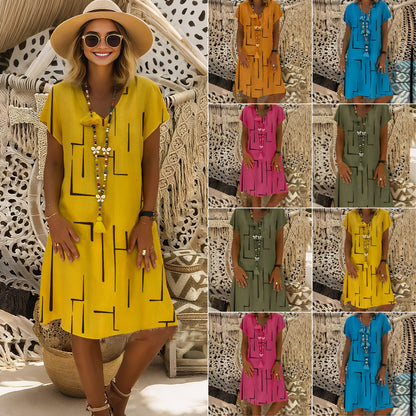 【45% DE DESCUENTO】🏆👗【Tallas S-5XL】Vestido de algodón estampado con cuello en V