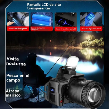 💡Potente linterna frontal de inducción para uso doméstico, uso al aire libre, zoom, largo alcance, recargable, larga duración, caminata nocturna, aventura, pesca nocturna