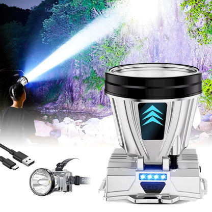 Linterna frontal LED de alta potencia y ultrabrillante, recargable por USB, con haz de luz de largo alcance e indicador de batería, ideal para acampar, hacer senderismo y trabajar.