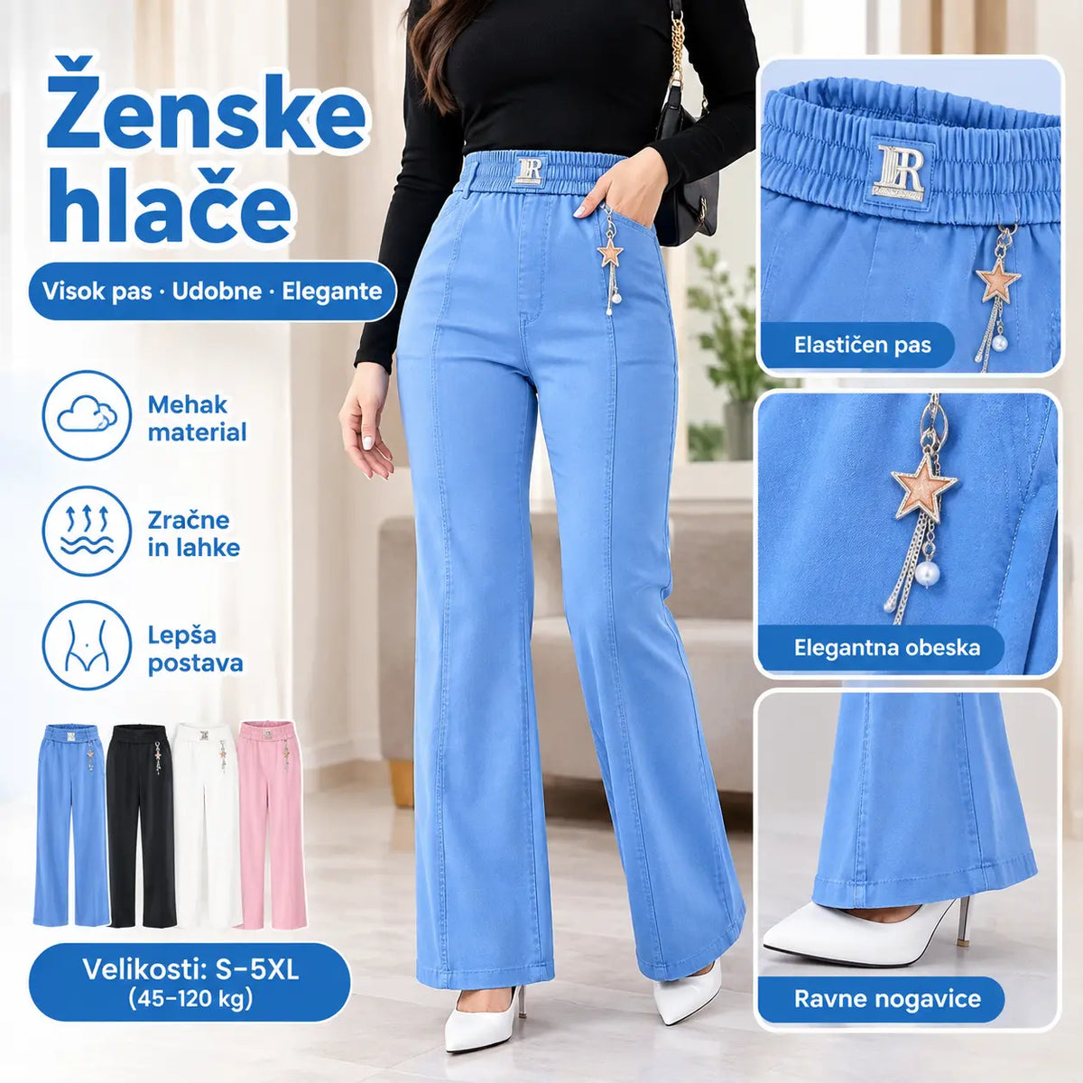 【M-4XL】Nove modne kavbojke z visokim pasom, ki zožijo postavo in se rahlo širijo (velike velikosti)【52.5kg-105kg】