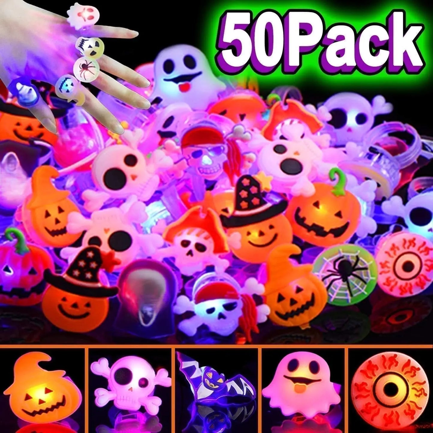 🔥2 juegos de anillos [100 piezas] 24 euros🎃 Anillo luminoso LED de Halloween 💍 | Regalo de fiesta con luz intermitente para la noche de Halloween 👻
