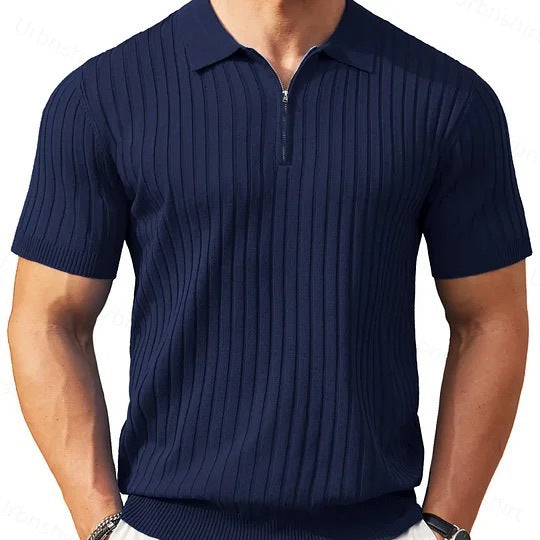 50%OFF👔Camisa de punto acanalado para hombre con cierre de cremallera y mangas cortas.