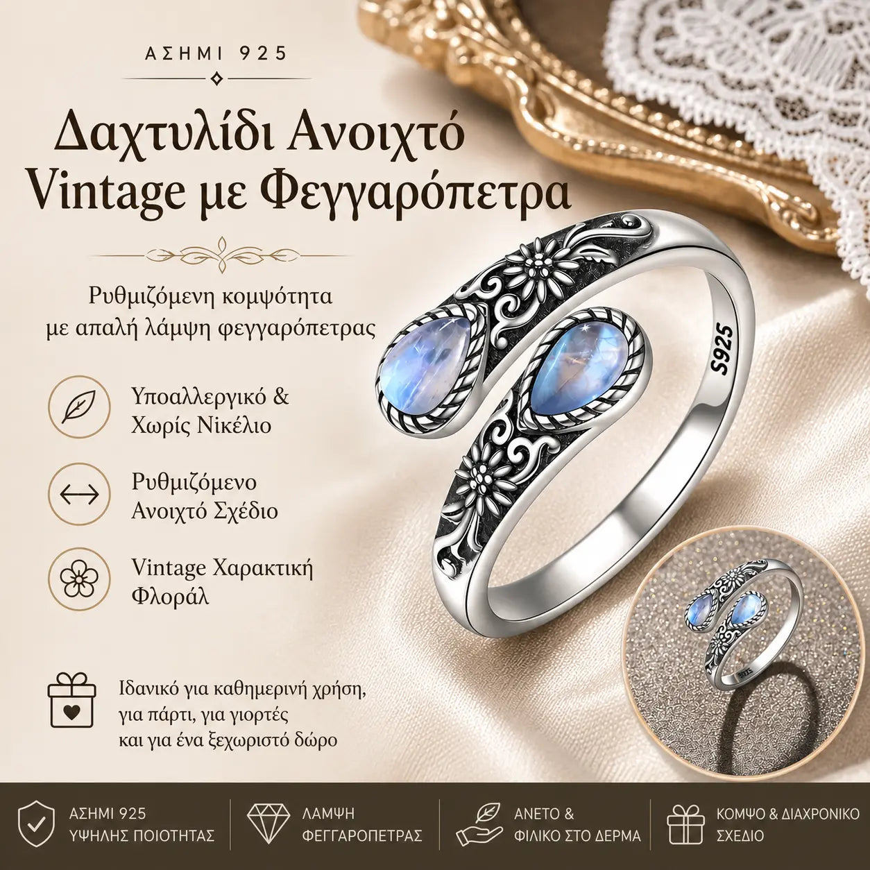 Último día 50 % de descuento en anillo con flor de piedra lunar, estilo vintage. Ajuste ajustable · Atemporal Elegancia