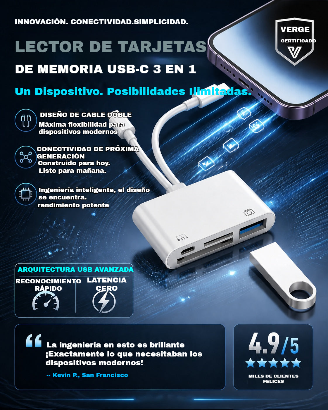 📸📱Lector de tarjetas de doble puerto compatible con teléfonos Apple, tarjetas SD y cámaras con conectividad Tipo-C.