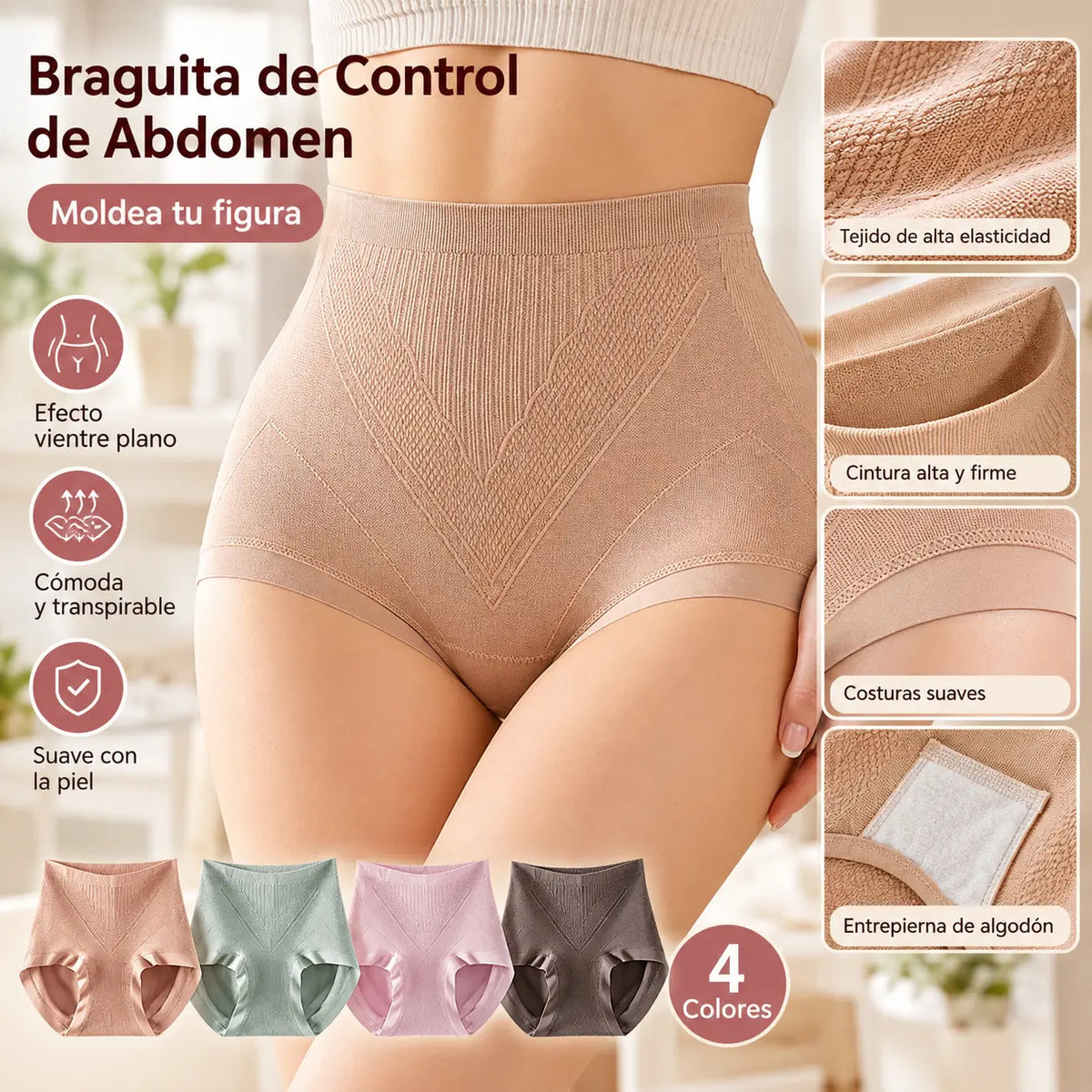 【4 piezas】【40-80kg】Bragas de seda antibacteriana de talle alto: cómodas y transpirables; realzan y moldean los glúteos a la vez que recogen eficazmente el abdomen para lograr un efecto reductor.