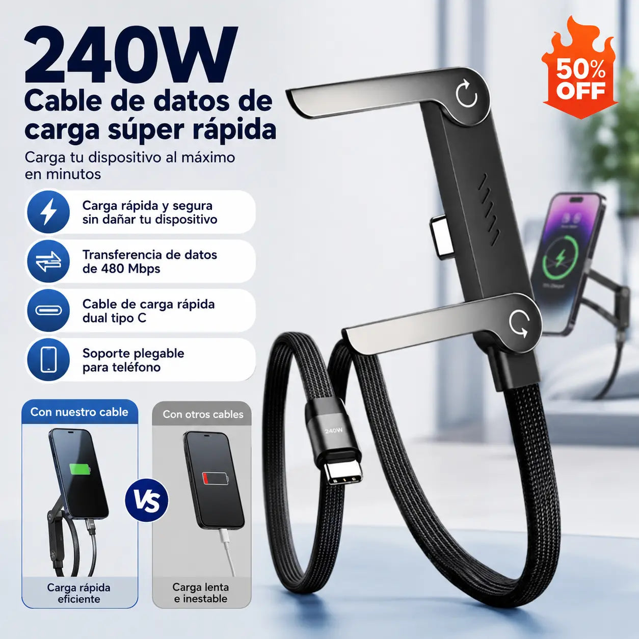 🔥30%OFF🔥⚡Cable de carga rápida 2 en 1 con soporte ajustable para teléfono🔋