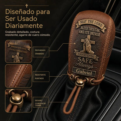 🙏 Funda de cuero para la palanca de cambios «Bendición del viajero» — Fe al volante ✨