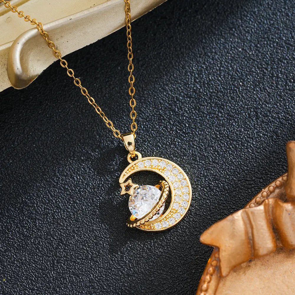 Nuevo collar con colgante de luna de alta gama / engastado con piedras preciosas brillantes / diseño romántico y moderno, ideal para usar a diario**