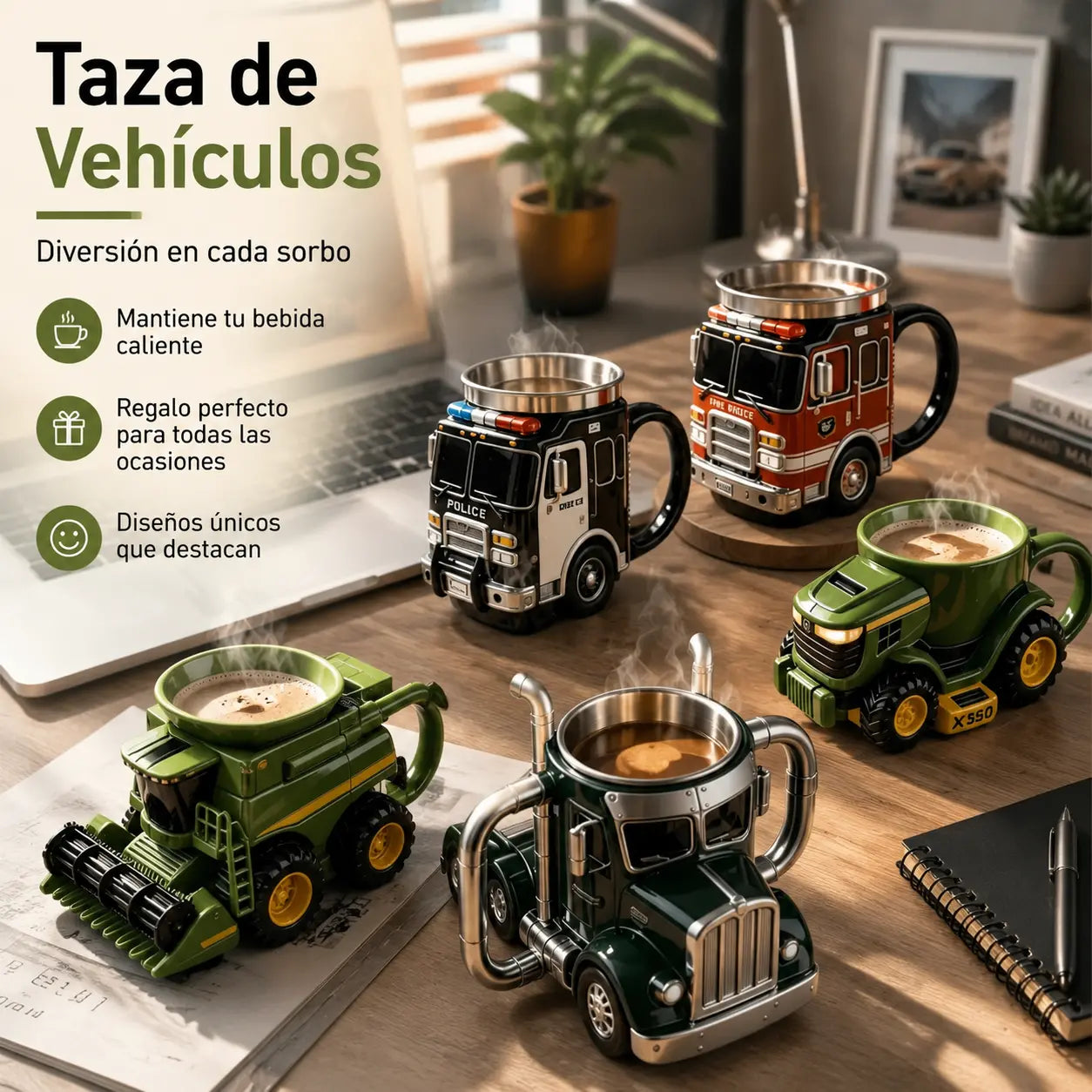 🚛☕ Taza 3D con forma de vehículo – Interior de acero inoxidable, regalo creativo para amantes de la mecánica ✨🔧