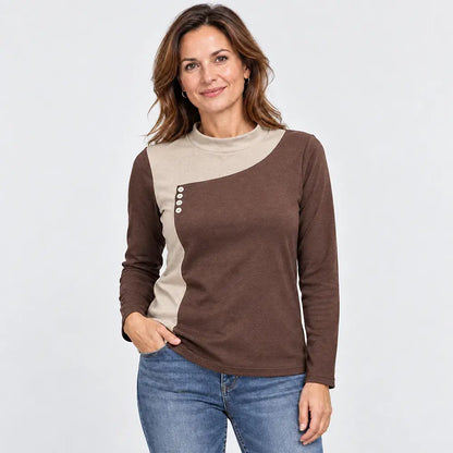 ✨【S–3XL / 6 barev】Top s kombinací barev, stojáčkem a ozdobnými knoflíky (lehký hřejivý fleece)