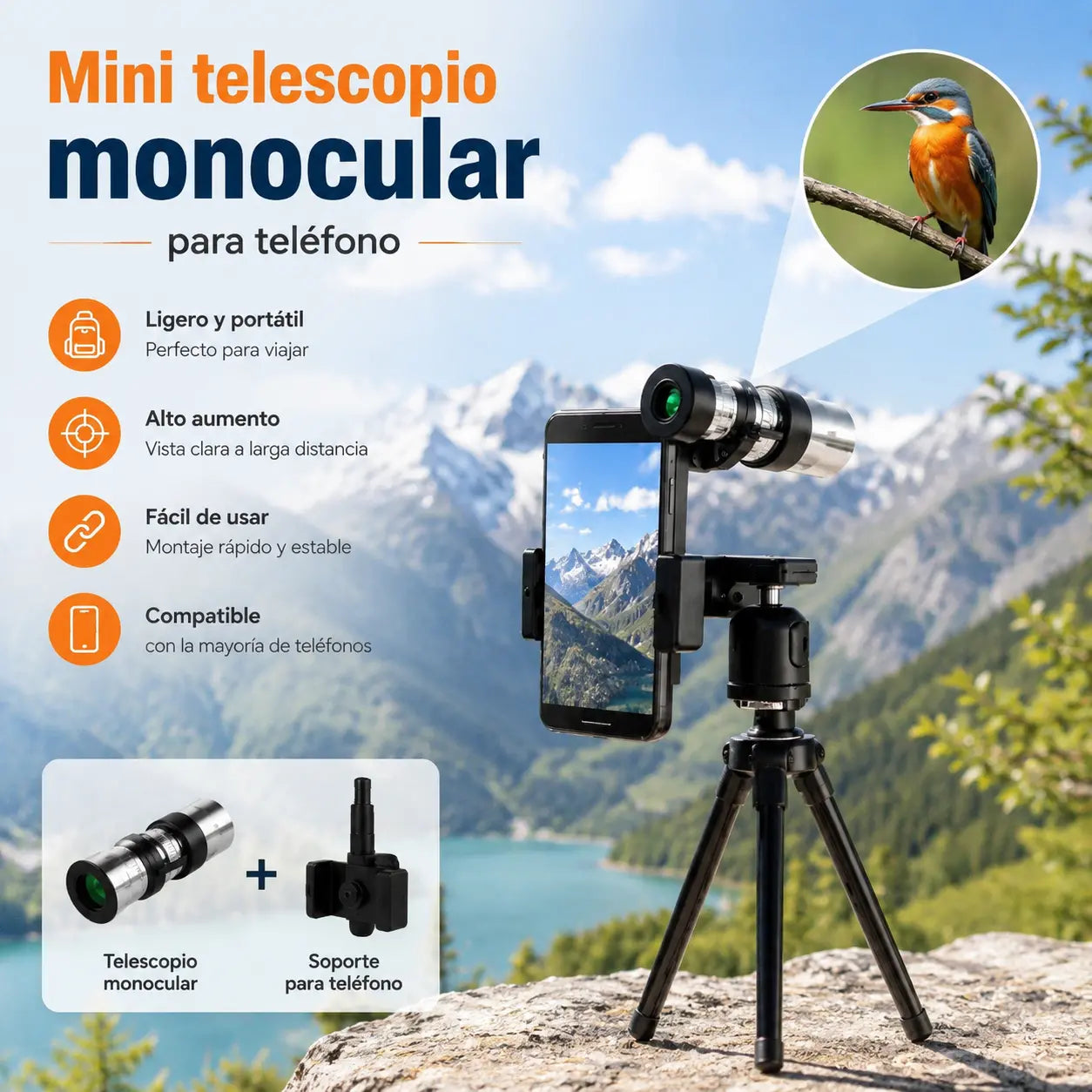 【🔭】Mini telescopio monocular para teléfono – Telescopio monocular portátil para viajes y observación