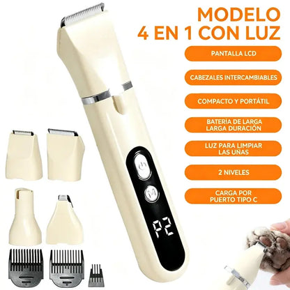 Cortapelos para Mascotas 4 en 1 con Lima de Uñas | Recortadora USB Recargable para Perros y Gatos | Cuchillas Intercambiables para Pelo, Patas, Cara y Uñas