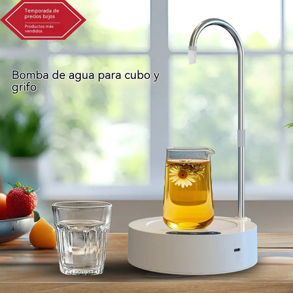 Bomba de agua portátil 2 en 1, apta para cubos de agua, grifo giratorio de 360°, tres velocidades de agua y carga mediante puerto USB tipo C.