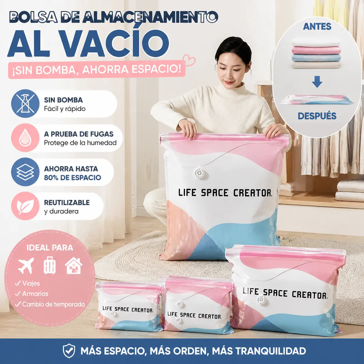 🧳【Juego de 5 piezas】💨 Bolsa de almacenamiento al vacío grande y compresible: no requiere bomba, es a prueba de fugas e ideal para ahorrar espacio en maletas y en casa ✈️