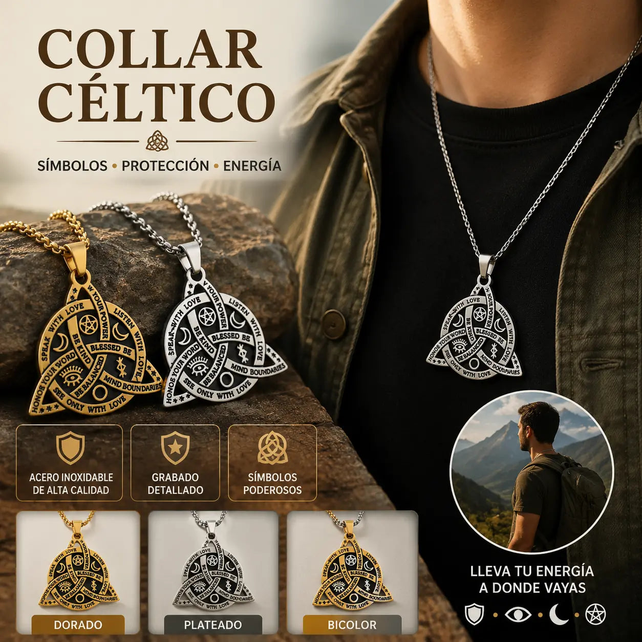 Collar celta vintage para hombre con un colgante tricurvo adornado con símbolos antiguos que representan energía y poder.