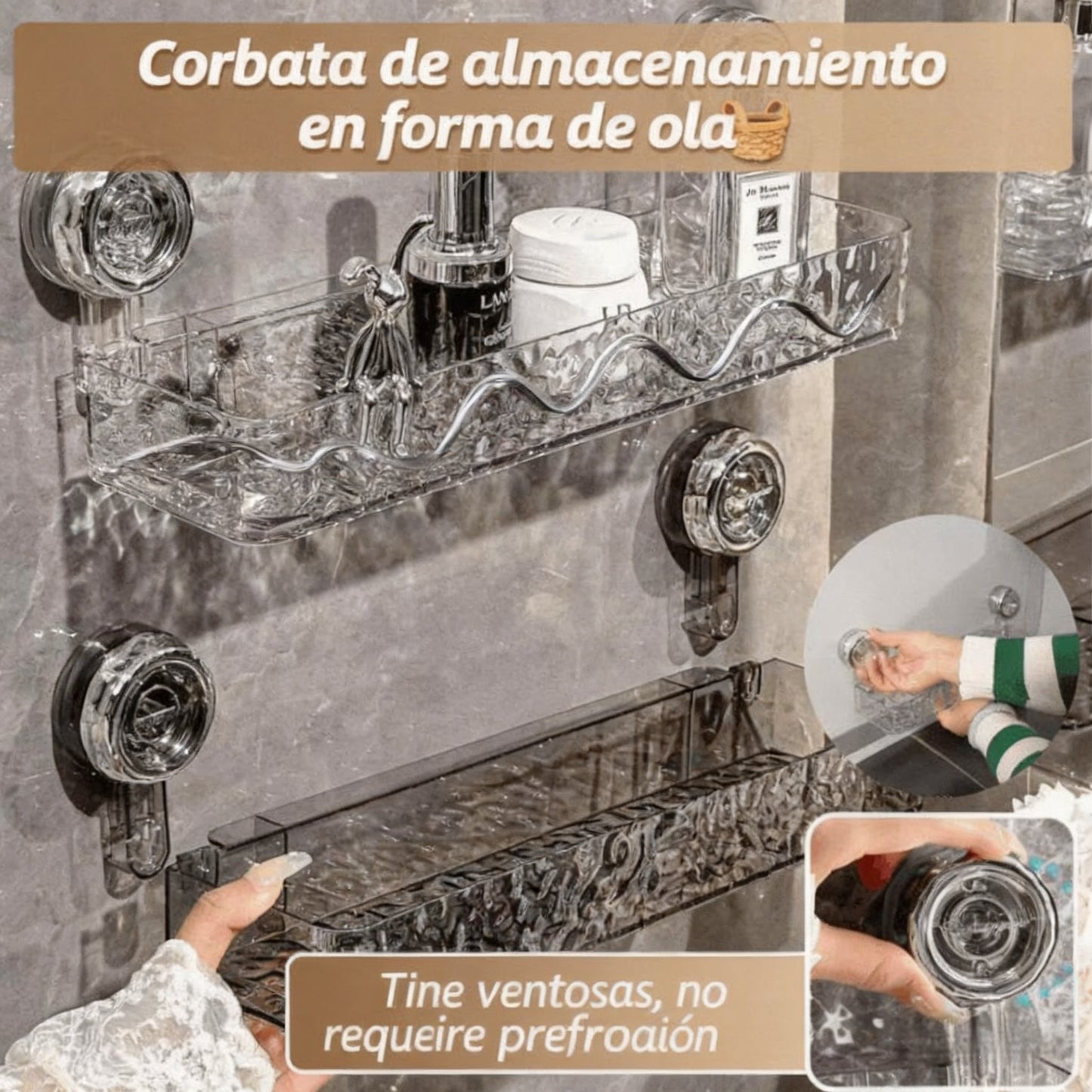 🍽️🧺🔥 Estante de almacenamiento con ventosa sin perforaciones, elegante estante de drenaje ondulado, adecuado para cocina y baño