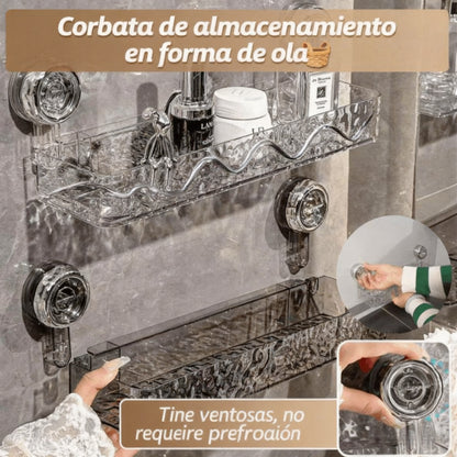 🍽️🧺🔥 Estante de almacenamiento con ventosa sin perforaciones, elegante estante de drenaje ondulado, adecuado para cocina y baño