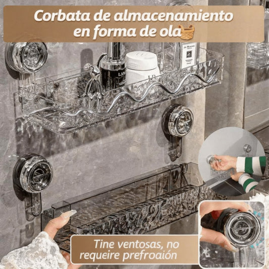 🍽️🧺🔥 Estante de almacenamiento con ventosa sin perforaciones, elegante estante de drenaje ondulado, adecuado para cocina y baño