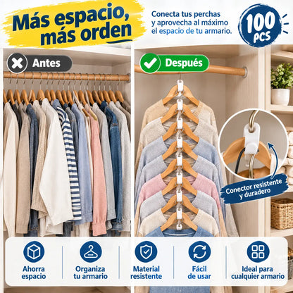 【100 piezas】 Ganchos conectores para perchas que ahorran espacio: duplican el espacio del armario, resistentes y fáciles de usar 🧥