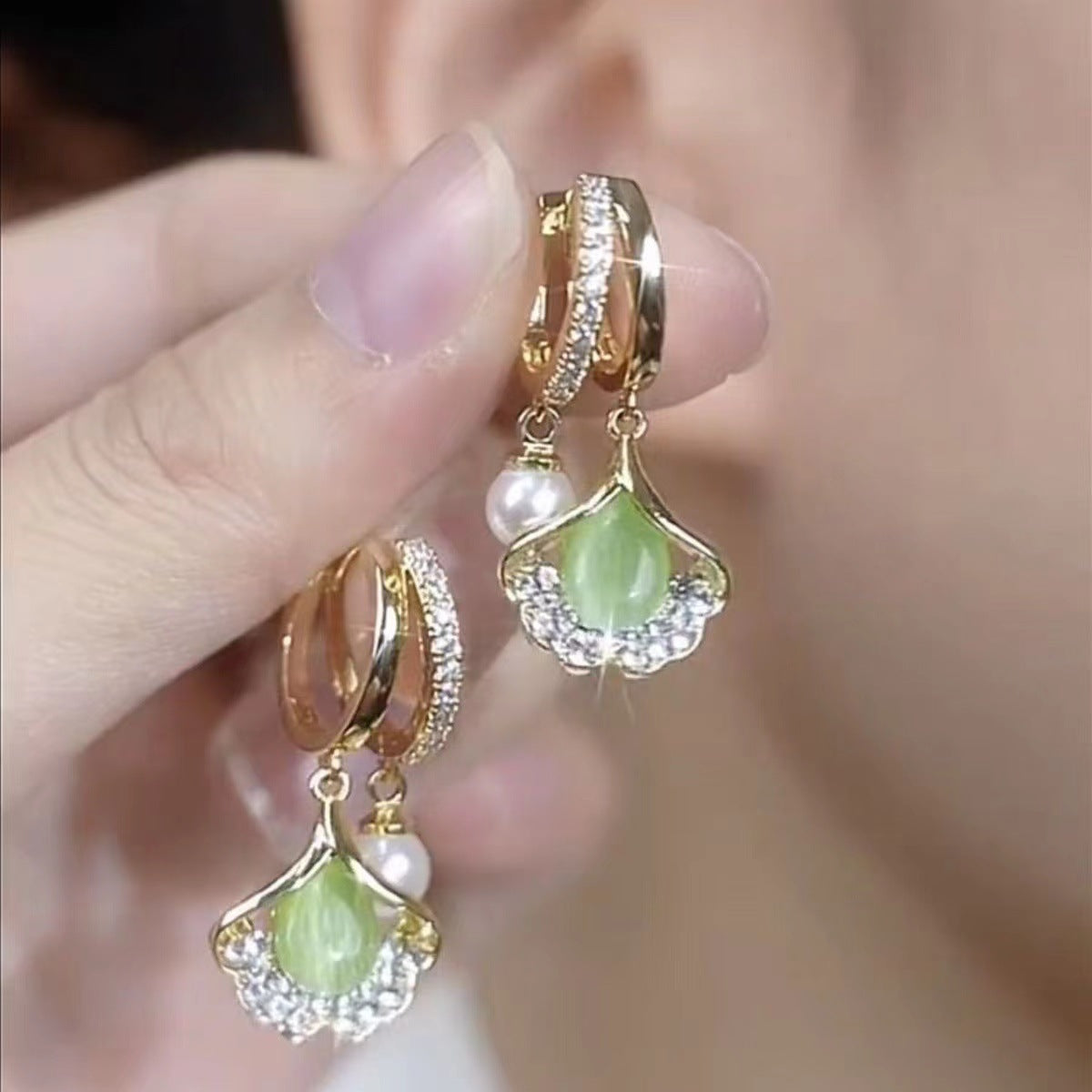 【2 pares 26 euros】Pendientes elegantes con piedras preciosas de ojo de gato y diseño de hoja de ginkgo