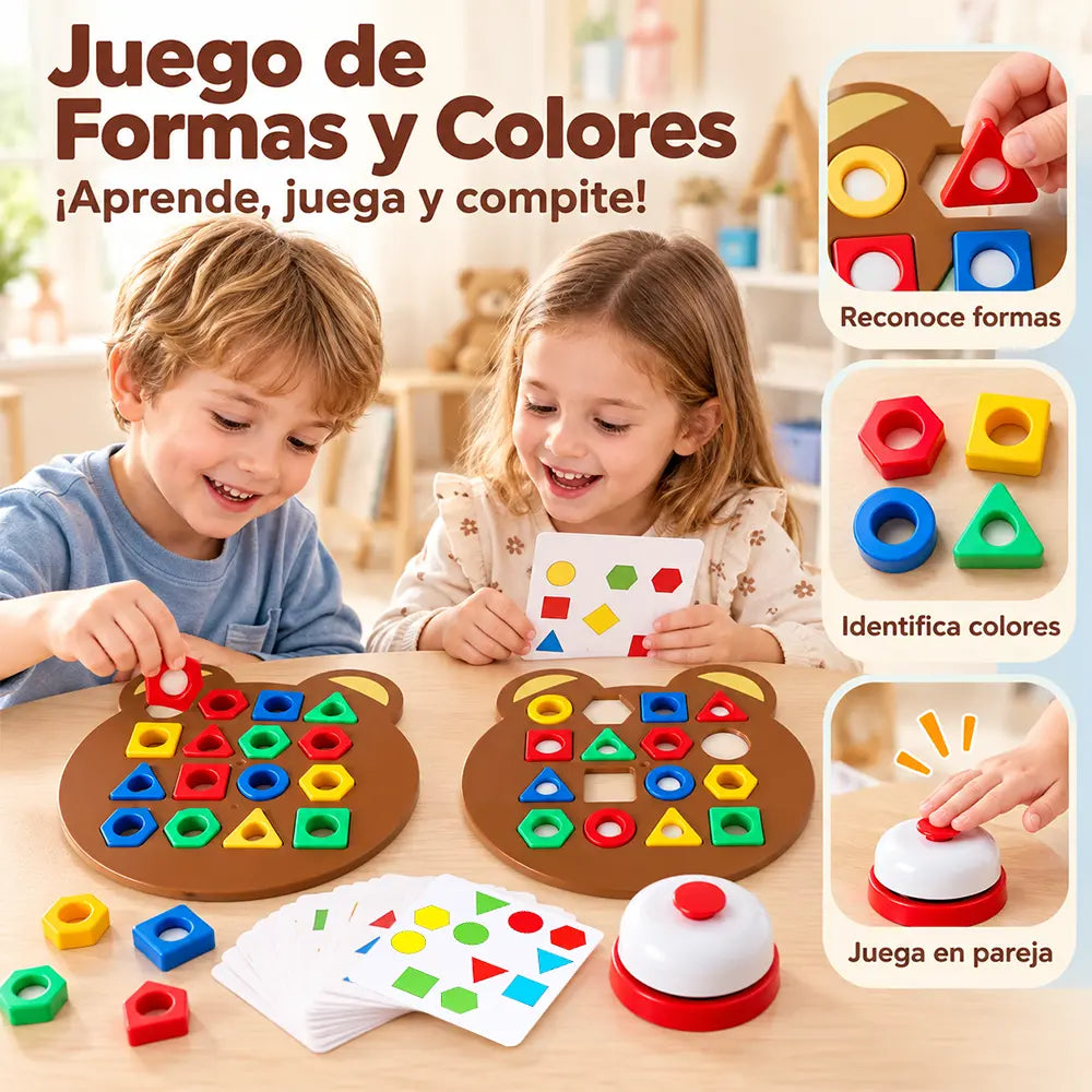 Juego de mesa educativo para el desarrollo en la primera infancia: asociación de formas con bloques geométricos y juego interactivo cara a cara.