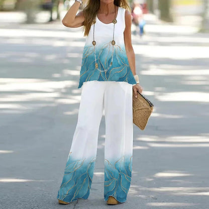 🌸 😍 【S-3XL】Traje casual estampado sin mangas [top + pantalón].