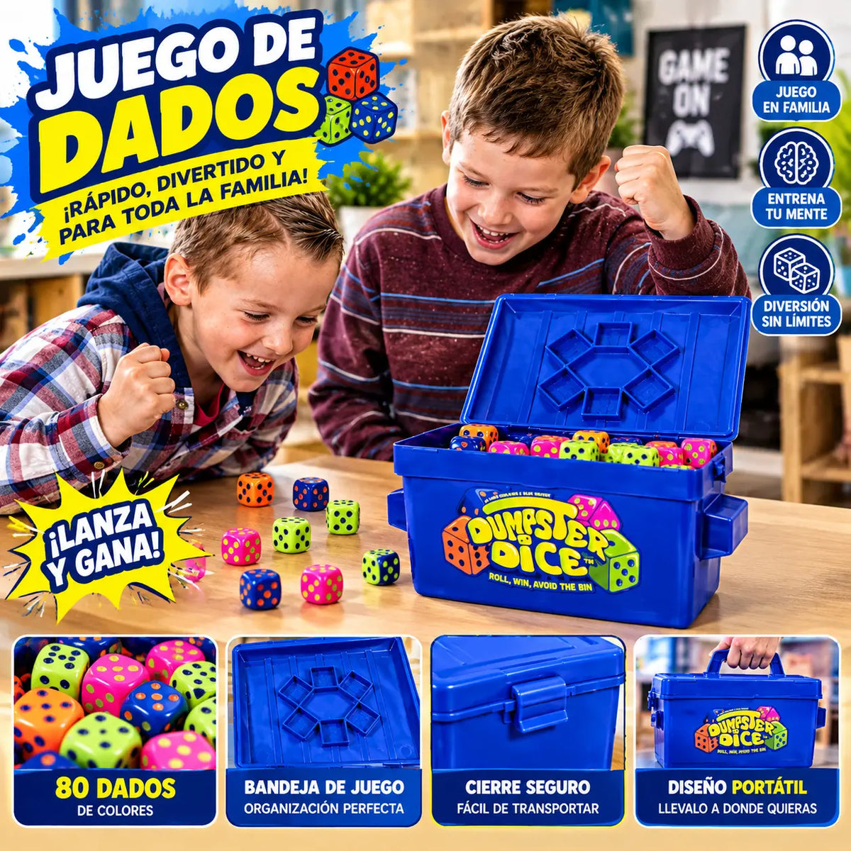 Juego de dados educativo y dinámico para niños