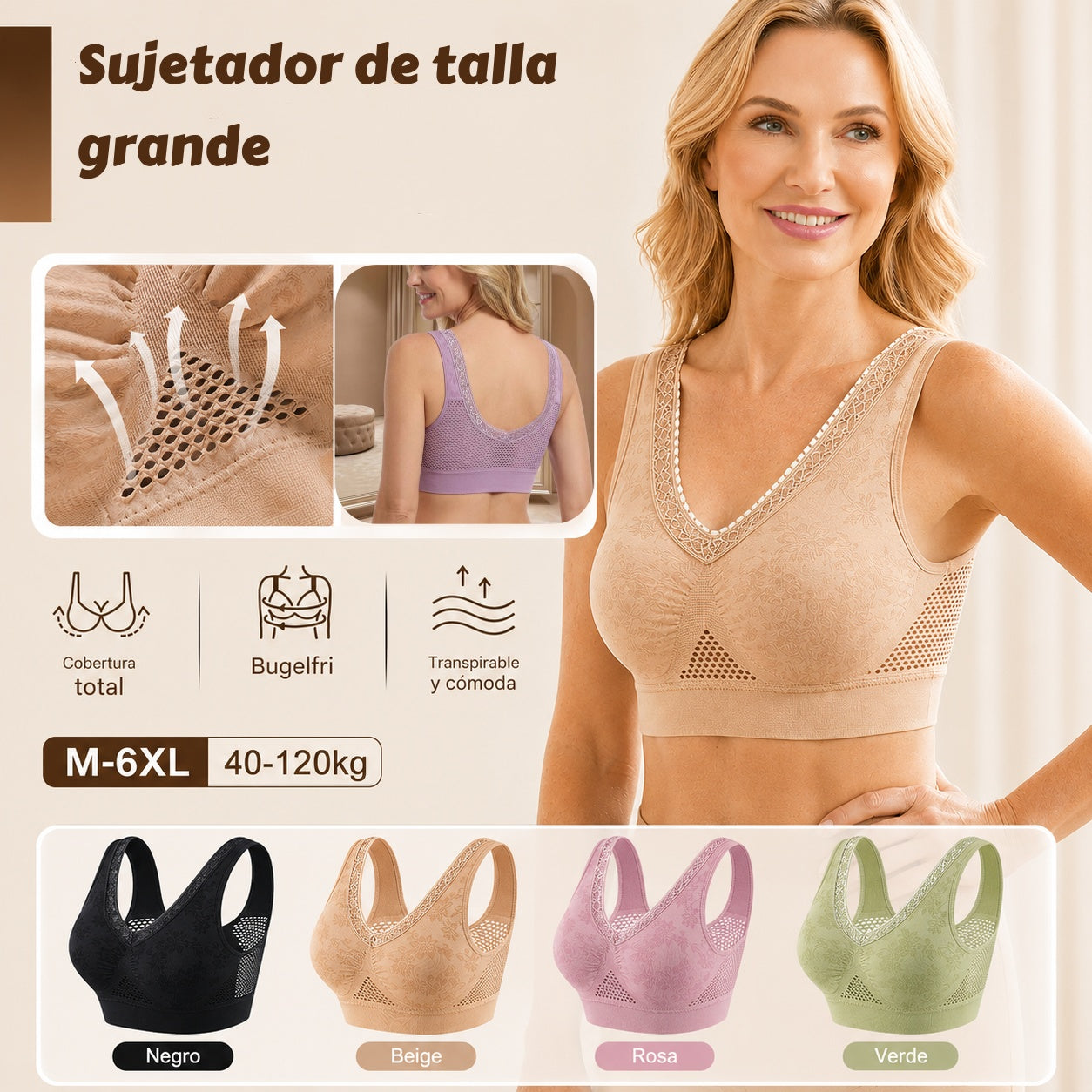 【M-6XL】2 pieza -【40-120kg】Nuevo sujetador cómodo y sin aros para mujer en tallas grandes; transpirable y confortable, con malla para la disipación del calor.